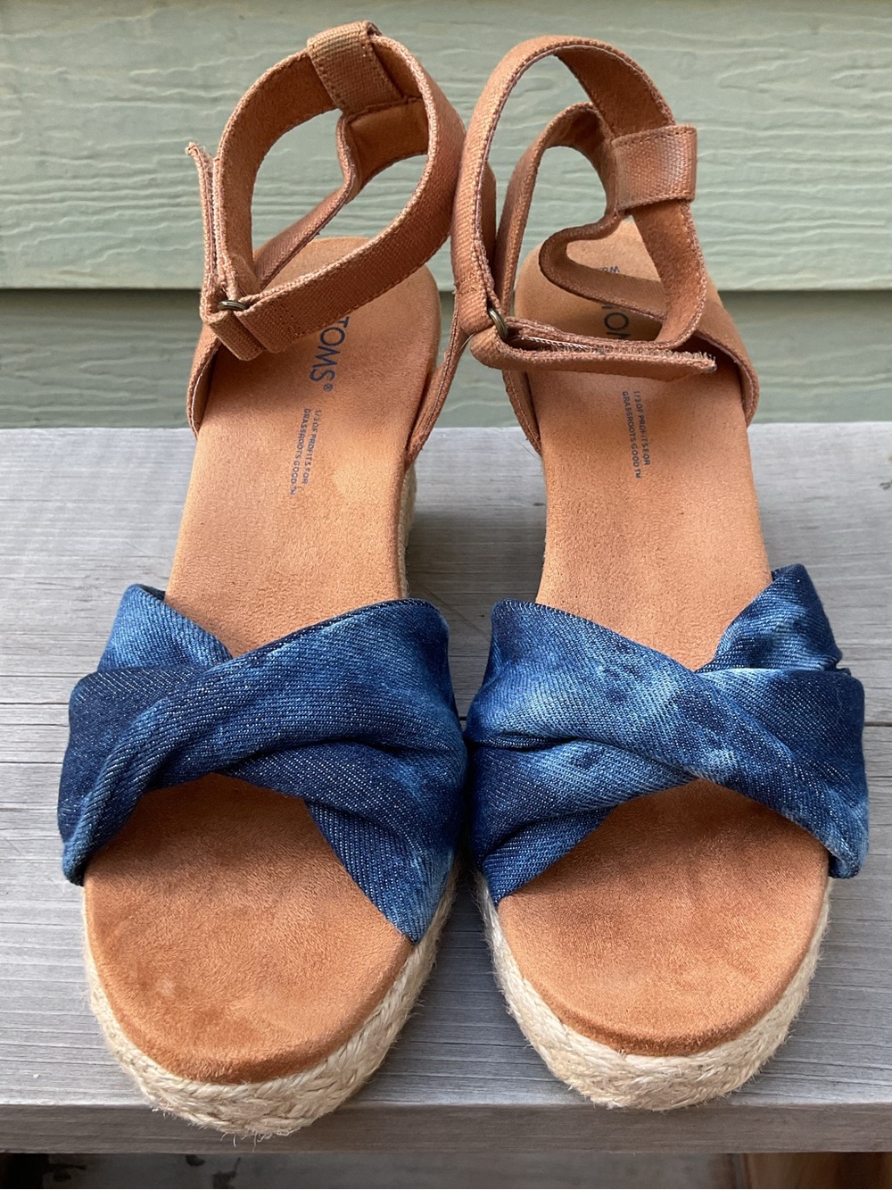 Toms Denim Blue Twist and Tan Espadrille Wedge Sandals